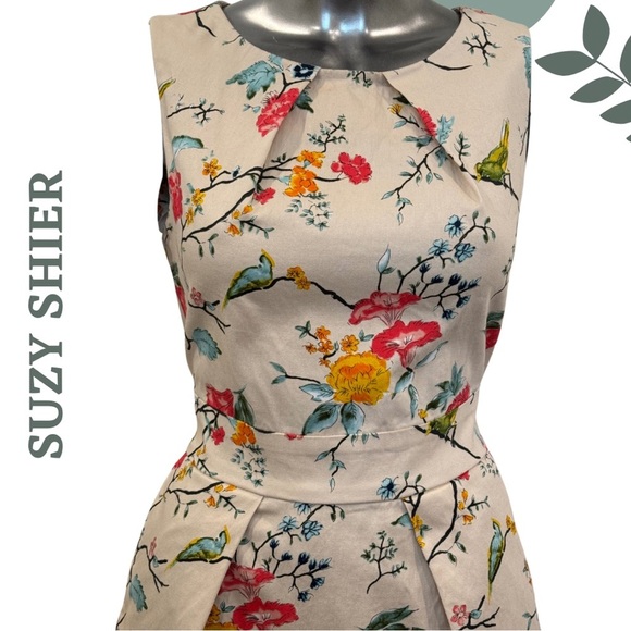 🛍️3/$40 Suzy Shier Sleeveless Floral Dress w Tie Waist Fitted Cream Print Small - Picture 4 of 8